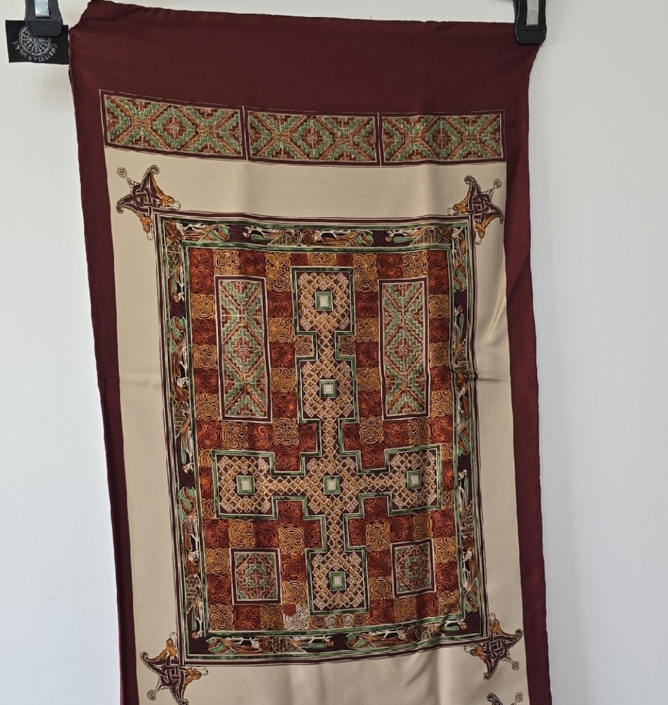 Brown and Cream Geometric Scarf with Floral Patterns